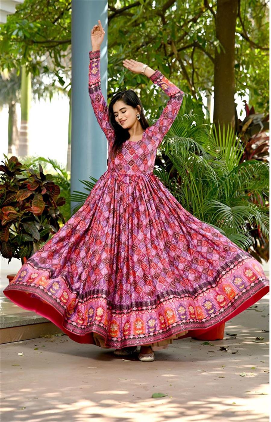    Pink Chinnon With Sequins and Position Print Work gown