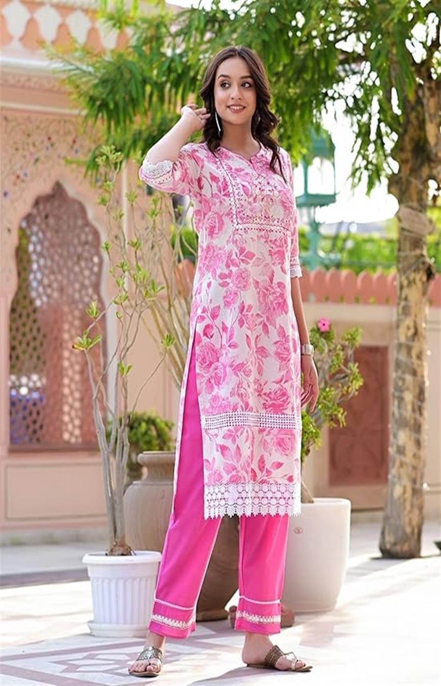 Pink Printed Crepe Straight Kurti